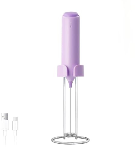 ELMWAY Rechargeable Milk Frother – Handheld Electric Whisk for Coffee, Latte & Matcha, Ergonomic Grip with Charging Stand or Wall Mount Holder – Purple