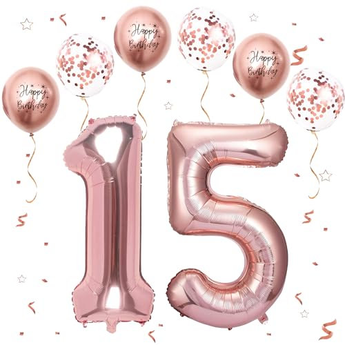 VUCDXOP Roségold Luftballon 15, XXL Riesige Geburtstag Ballon 15, 40 - 101cm Ballon Zahl Deko Folienballon Zahlen 1 & 5, Geburtstagsdeko Jubiläum Party Deko, Fliegt mit Helium (Nummer 15/51)