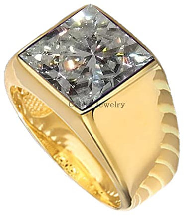 18K Yellow Gold Plated Solid 925 Sterling Silver Ring for Men, Natural White Cubic Zircon 12MM Gemstone Signet Ring, Amazing April Birthstone Handcrafted Ring