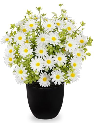 Oairse Artificial Daisy Flowers Plant Potted Fake Silk Daisies Flowers Plants in Black Pot Faux White Daisy Flower Arrangement Home Decor Office Bathroom Shelf Desk Decoration