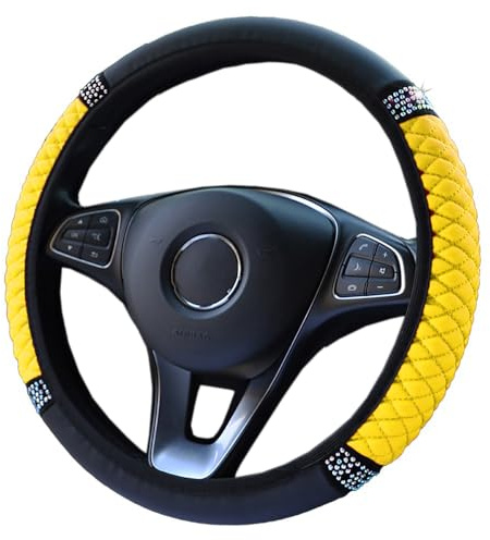 Universal Auto Lenkradbezug, Anti-Rutsch Rhombus PU Leder Kristall Glitzer Bling Bling Auto Lenkradhülle Durchmesser 37–38 cm,Elastischer Lenkrad Abdeckung Lenkradschoner Auto-Dekozubehör,Gelb