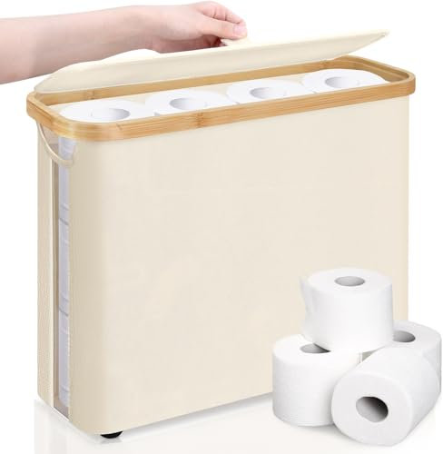 Mittimiya Cesta de Almacenamiento de Papel Higiénico, con Ventana Transparente y Asa, Almacenaje para 12 Rollos, Material: Bambú y Tela Impermeable