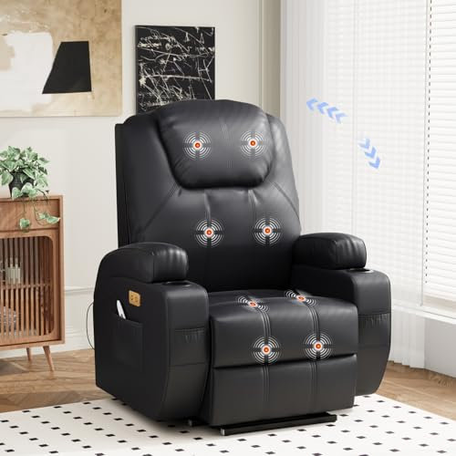 Devoko Massage Recliner Armchair for Elderly, Oversized Recliners Armchair Lounge Sofa with USB Ports, Hidden Drink Holders, Dual Side Pockets, for Home Living Room Theatre, PU Black