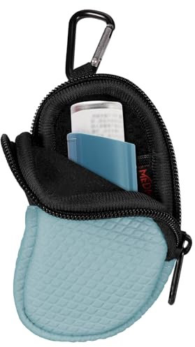 MEDMAX Neopren Tasche für Asthma Inhalator, Tragetasche mit Karabinerhaken und Netztasche innen, Reise-Holster Halter für L-förmigen Asthma-Inhalatoren (Rosarot) (Hellblau)