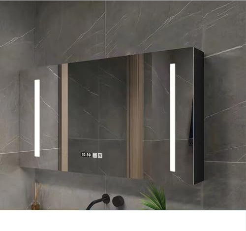 Spiegelschrank Mit Beleuchtung, Bad Spiegelschrank Mit Beleuchtung, Medizinschrank Mit Spiegel Und Licht, Intelligenter Beleuchteter Medizinschrank Mit Entnebelung/Licht/Digitaler Zeitanzeiger, Spiege