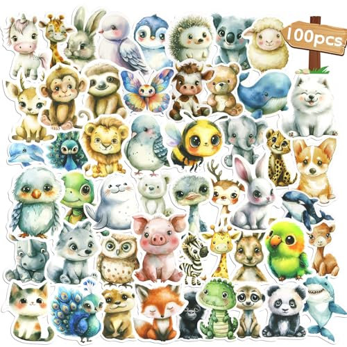 100 Stück Tiere Kinder Vinyl Wasserdichte Sticker Aquarell Tiere Stickers Set Süße Tiersticker Aufkleber Stickers Set für Laptop,Telefon,Wasserflasche,Fahrrad,Koffer,DIY Deko,Scrapbook