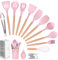 Howephofly Utensilios de Cocina de Silicona 23 Piezas, Set Utensilios de Cocina con Mango de Madera, Resistentes al Calor y Antiadherentes accesorios cocina(Cucharas, Espatula, Pinzas) (Rosa)