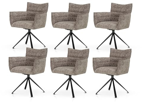 KHG 6er Set Esszimmerstühle Armlehnstuhl Dunkelgrau Webstoff, Polsterstuhl 360 Grad drehbar mit Rückstellfunktion, 120 kg belastbar, Drehstuhl ideal für Küche Wohnzimmer Büro