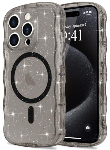 Pepmune for iPhone 15 Pro Max Case Clear Bling Compatible with Magsafe | Soft TPU Curly Wavy Frame & Hard PC Back,Sparkle Glitter Magnetic Cover,Slim Shockproof Wave Phone Case-Black