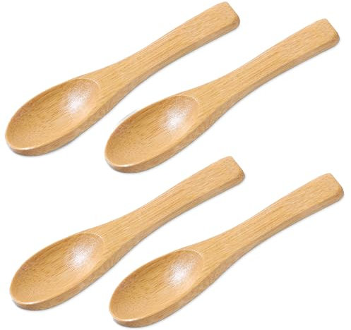 Piriuuo 4 Stück Kleine Holzlöffel, 9 x 2,1 cm Mini Holzlöffel Gewürzlöffel mit Kurzem Griff Honiglöffel Runder Teelöffel Kleine Löffel Umweltschutz Holzlöffelfür Salz, Zucker, Gewürze, Kaffee
