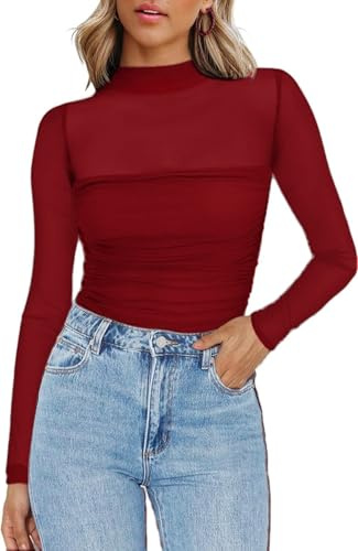 Zeagoo Women's Mesh Tops Long Sleeve See Through Blouse Sexy Slim Fit Shirt | Elegant Ruched Blouse for Party, Festival and Clubwear XS-XXL