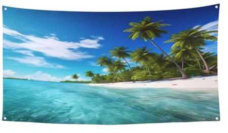 Insel mit Sandstrand und Palme, personalisierbar, Veranstaltungshintergrund, Banner, Dekoration für Außen/Innenbereich, mit Metallösen, für Festivals und Partys