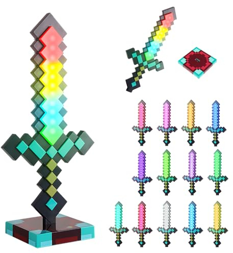 HOVCEH Diamantschwert Lampe, 39 cm Schwert Lampe, Diamants Schwert Leuchtend mit 14 Farben Lichtmodi, Nachtlicht schwert kinder, Nachtlampe Wiederaufladbare mit Sound Reaktion, Spielzeug für Gamer