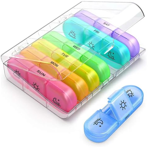 Portapillole settimanale, per gestione farmaci mattino, pomeriggio, sera, ideale per viaggi e casa, portapillole settimanale, porta pillole settimanale a 7 scomparti