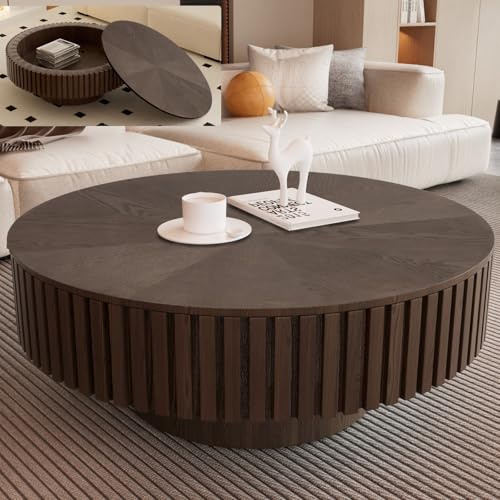 Wxnnx 31.4 Round Coffee Table with Storage, Dark Brown