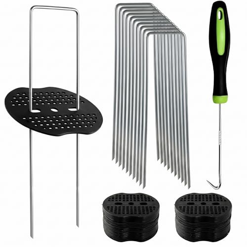 Heringe Erdnägel Stabil – 100 U-förmige Erdanker 100 Pufferscheiben, Unkrautvlies Haken Set für Garten, Rasenkanten, Gemüsebeet & Rohrbefestigung (Erdanker 100 + Unterlegscheiben 100)