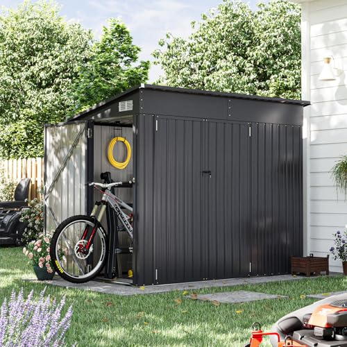 Aoxun 2.4x1.2m Outdoor Lagerschuppen für Garten, Fahrrad & Hinterhof | Metall Pultdach, wetterfest, dreifach abschließbare Türen (234×131×185cm, Schwarz)