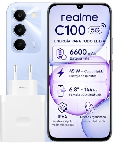 realme C100 5G Smartphone 4+128 GB, 6,8 Pantalla 144 Hz, Cámara AI 50MP, Batería 6600mAh, Carga Rápida 45W, Android 16 Móvil, Dual SIM, NFC, Morado, Versión EU