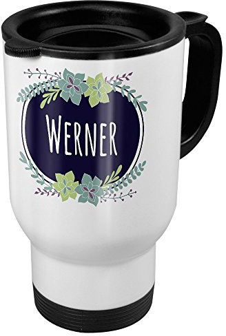 printplanet Thermobecher weiß mit Namen Werner - Motiv Flowers - Coffee to Go Becher, Thermo-Tasse