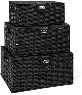 ARPAN Set of 3 Resin Woven Storage Basket Box With Lid & Lock (Black)