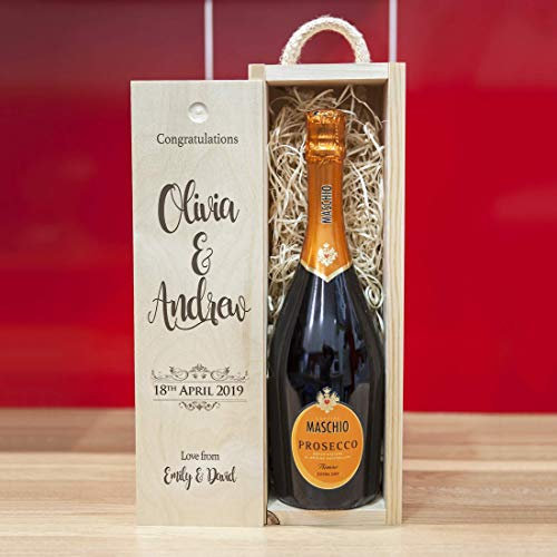 Personalised Wooden Wine Gift Box for Wedding, Anniversary, Special Occasion - 'Congratulations'. Lined with Woodwool