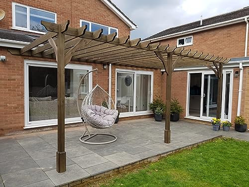 Rutland County Garden Furniture Wall Mounted Premium Pergola Kit – 3 Post - Wooden Gazebo Canopy Pergola Kit - Garden Arch Garden Room (3.6m x 4.2m, Rustic Brown)