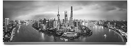 Atemberaubendes Skyline-Bild, Panorama-Foto von Shanghai, Bild 1 in schwarz-weiss auf Keilrahmen-Leinwand 150x50cm, inkl. Befestigungen