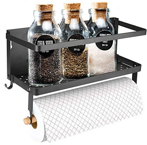 HengLiSam Magnetic Spice Rack Organisers, Fridge storage Organzers, with Paper Towel Holder Holds up to 11 LBS Kitchen Shelf for Spice Jars(black))