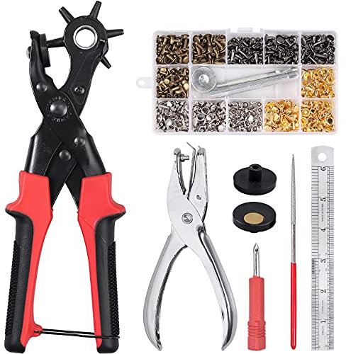 Kamtop Pince Perforatrice Pince à Poinçonner en Cuir Rotative Poinçon 240pcs Rivets en Cuir Rivets à Double Capuchon avec Tige de Meulage pour Cuir L'artisanat,Plastique,Feutre,Caoutchouc