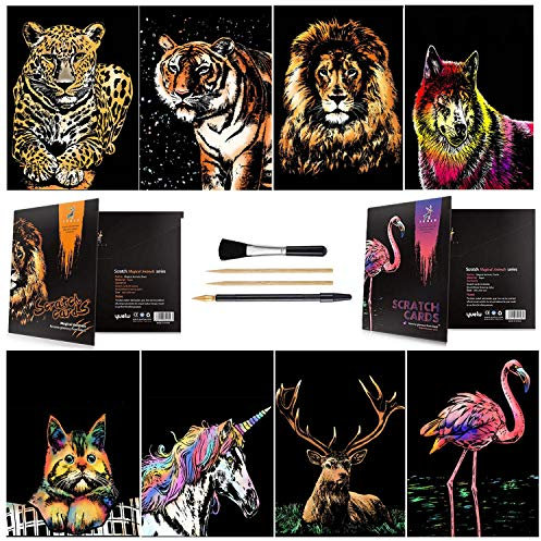 Wbeng Papier d'art à gratter et croquis A4 pour enfants et adultes, ensemble d'art de gravure: 8 feuilles de cartes à gratter et stylo à dessin à gratter, brosse propre (Beast/Animal)