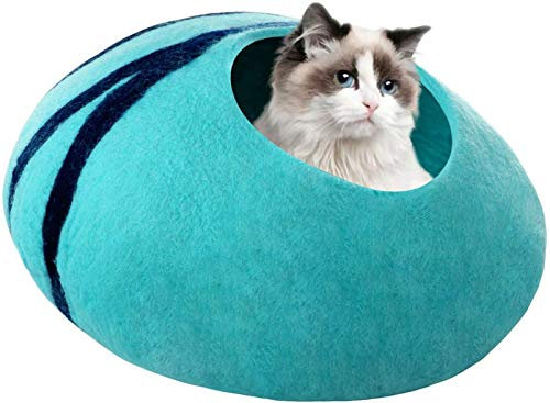 Abcoll 2020 Upgrade-100% Handgemachte Rundes Katzenbett Flauschig Katzenhöhle Woll-Premium-Shaped Filz Haustier-Bett-Heizung Winter Warm Katzenkorb (Farbe : Light Blue)