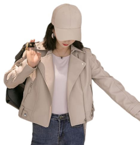 LucaSng Damen Lederjacke Kunstleder Jacke mit Reißverschluss Bikerjacke Motorradjacke Übergangsjacke Ladies Oberbekleidung Kurze Jacke für Herbst, Frühling (Weiß, M)