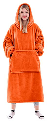 Waitu Wearable Blanket Sweatshirt Gifts for Women and Men, Super Warm and Cozy Blanket Hoodie, Thick Flannel Blanket with Sleeves and Giant Pocket - Orange