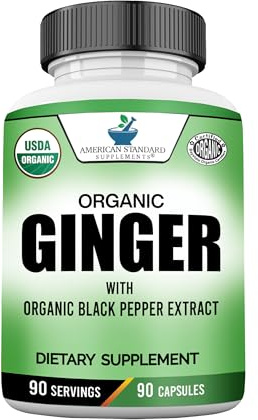 American Standard Supplements Organic Ginger Extract with Organic Black Pepper Extract, Vegan, Gluten Free, Non-GMO, 90 Capsules, 90 Servings