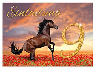Junapack 12 Einladungskarten zum 9. Kindergeburtstag neunte Geburtstag Mädchen Pferd