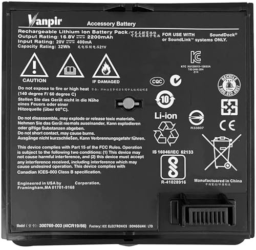 VANPIR 300769-003 Batterie de rechange pour système de musique numérique portable Bose Sounddock SoundLink Air Series 300769-002 300769-004 300769-001 300770-001 4ICR19/66 16,8 V 2200 mAh Noir