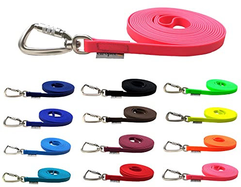 Schleppleine Biothane Hundeleine große Hunde 1m / 2m / 3m / 5m / 10m / 15m Sicherheitshaken (10m MIT Handschlaufe, Neonpink)