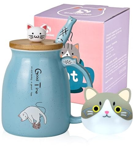 SHENDONG Cat Mug - Cute Ceramic Coffee Cup With Kawaii Wooden Lid and Lovely Stainless Steel Spoon - 3D Animal Novelty Morning Cup for Coffee, Milk, Tea - Gifts for Cat Lovers and Women (Blue)
