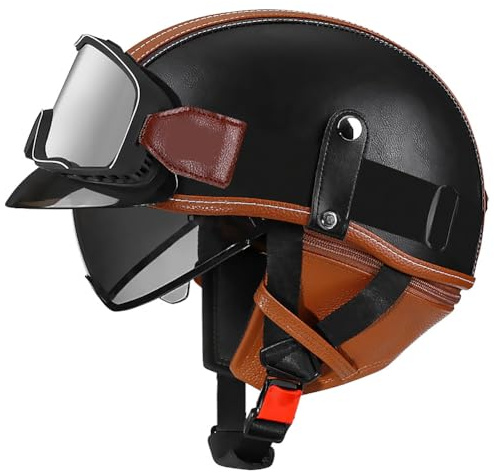 Casque de Moto Vintage Cuir Retro Vintage Scooter Open Face Demi Cuir avec visière Lunettes ECE Bols pour Homme et Femme Adultes Demi-Casques avec Sac de Rangement