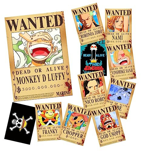 FIDRTH Anime [OP] Wanted Bounty Poster, 27,9 x 38,1 cm, Nika Luffy 3 Milliarden aktualisierte Kopfgeldausgabe, 10 Strohhut-Piraten Crew Zoro, Sanji, 1 Stück [OP] Flagge, 11 Stück
