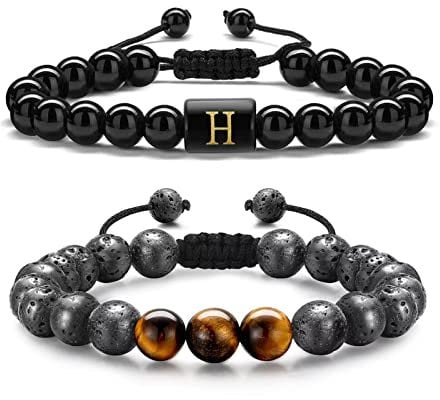 TINGN 2 Stück 8mm Perlen Armband für Herren Damen, Tigerauge Lavagestein Herren Armband Stressabbau Perlen Einstellbare Initial Obsdian Armband für Männer Perlen Buchstaben Armbänder für Jungen (H)