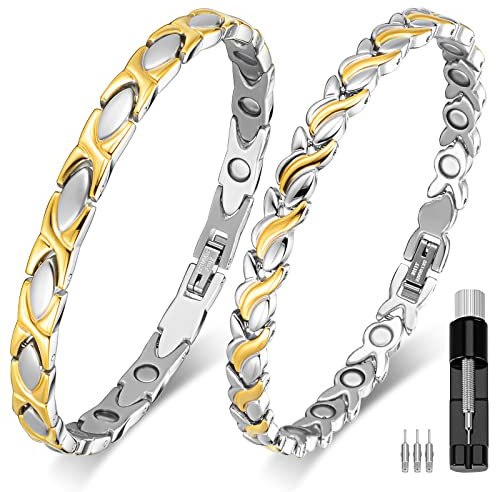 2 Stück Magnet Armbänder für Damen Silberne und Goldene Ultrastarke Magnetische Armbänder mit 3500 Gauß Ordentliche Magnet Gliederarmbänder aus Titanstahl für Frauen Schmuck Geschenk
