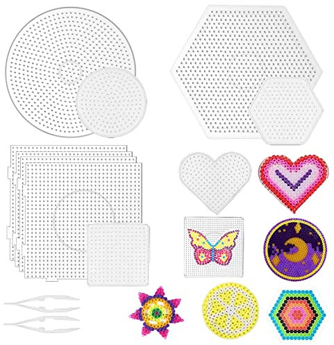Bügelperlen Steckplatte, 10 Stück Bügelperlen Platte Set, Groß Bügelperlen Vorlagen mit Pinzette, Transparent Bügelperlen Vorlagen, 5mm Bügelperlen Schablonen, DIY Bügelperlen Stiftplatten Set