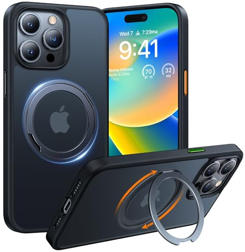 TORRAS Ostand R Series iPhone 15 Pro Case Shockproof with Stand [Military-Grade Protection] [360° Rotatable Magnetic Ring] Slim Phone Case for iPhone 15 Pro Cover Black Matte