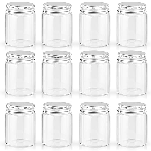 Lot de 12 mini bocaux en verre transparent de 56,7 g avec couvercles hermétiques en aluminium pour huiles essentielles, crème, poudre, pommades, herbes, loisirs créatifs