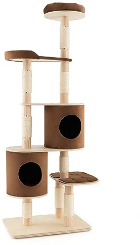 Maxmass 190cm Tall Cat Tree, 6-Tier Wooden Cat Tower with Sisal Scratching Posts, Top Perch, 2 Condos and Detachable Cushion, Multi-Level Pet Activity Center Furniture for Kittens (Brown)