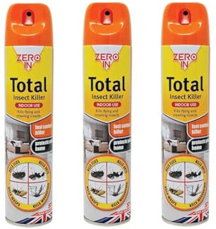 Zero In Total Indoor Insect Killer – Knockdown Action for Indoor Flying & Crawling Insects – Low Odour, Stain-Free Bug Spray - Suitable for Home Use - 300ml X3 Pack