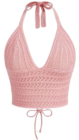 Naileksi Top da Donna con Lacci Senza Schiena, all'Uncinetto, Crop Top Y2k, Slim Fit, Senza Maniche, Scollo a V, Retro con Lacci, Canotta, Rosa, M
