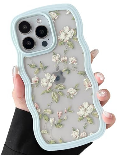 ZTOFERA Wavy Case for iPhone 13 Pro (6.1), Cute Clear Protective Case with Floral Leaves Pattern, Hard PC Colored Wave Frame Soft Silicone Bumper Shockproof Cover for Girls Women, Mint Green