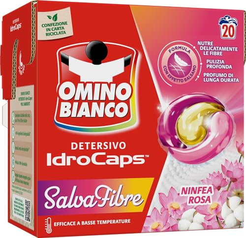 Omino Bianco Idrocaps - Detersivo Lavatrice In Capsule Salva Fibre, 20 Lavaggi, Efficace a Basse Temperature, Profumo Ninfea Rosa, 20 Caps